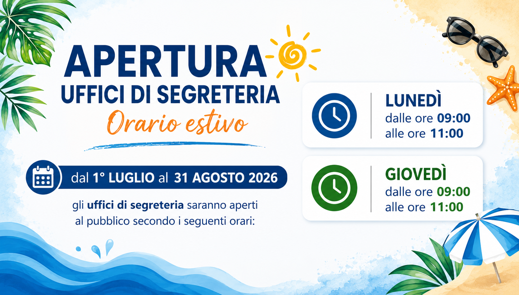 Orario estivo uffici di segreteria